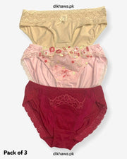 Pack of 3 Imported Stocklot Branded Net Panty With Silk Mid Waist Hipster Panty With Lace Panty