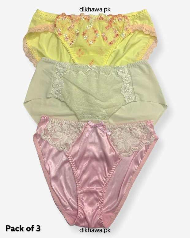 Pack of 3 Imported Stocklot Branded Net Panty With Silk Mid Waist Hipster Panty With Lace Panty