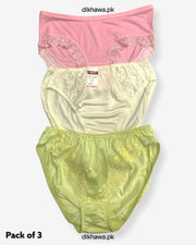 Pack of 3 Imported Stocklot Branded Net Panty With Silk Mid Waist Hipster Panty With Lace Panty