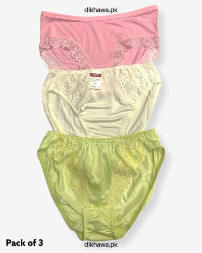 Pack of 3 Imported Stocklot Branded Net Panty With Silk Mid Waist Hipster Panty With Lace Panty