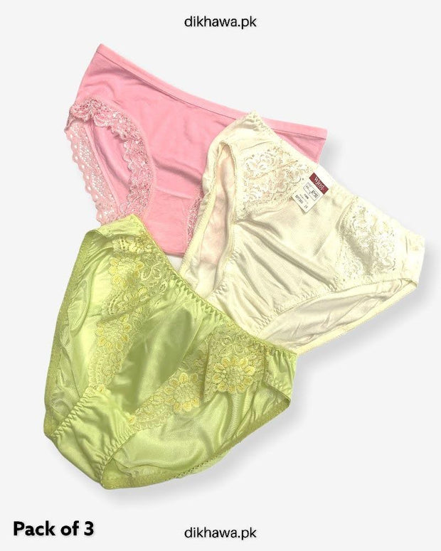 Pack of 3 Imported Stocklot Branded Net Panty With Silk Mid Waist Hipster Panty With Lace Panty