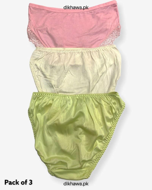 Pack of 3 Imported Stocklot Branded Net Panty With Silk Mid Waist Hipster Panty With Lace Panty