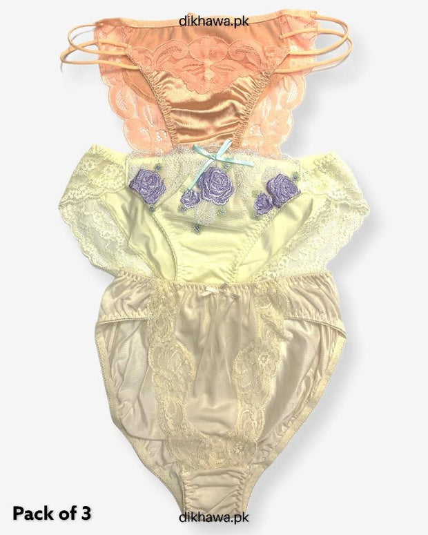 Pack of 3 Imported Stocklot Branded Net Panty With Silk Mid Waist Hipster Panty With Lace Panty