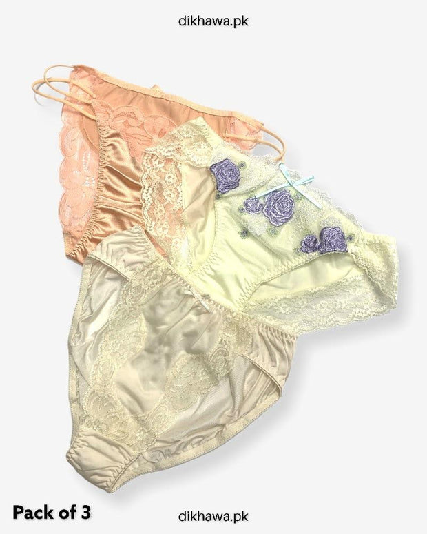 Pack of 3 Imported Stocklot Branded Net Panty With Silk Mid Waist Hipster Panty With Lace Panty