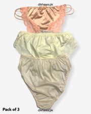 Pack of 3 Imported Stocklot Branded Net Panty With Silk Mid Waist Hipster Panty With Lace Panty