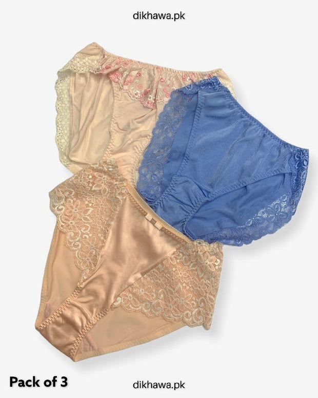 Pack of 3 Imported Stocklot Branded Net Panty With Silk Mid Waist Hipster Panty With Lace Panty