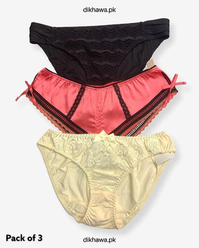 Pack of 3 Imported Stocklot Branded Net Panty With Silk Mid Waist Hipster Panty With Lace Panty