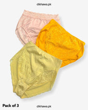 Pack of 3 Imported Stocklot Branded Net Panty With Silk Mid Waist Hipster Panty With Lace Panty