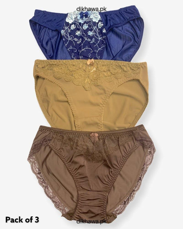Pack of 3 Imported Stocklot Branded Net Panty With Silk Mid Waist Hipster Panty With Lace Panty