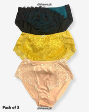 Pack of 3 Imported Stocklot Branded Net Panty With Silk Mid Waist Hipster Panty With Lace Panty