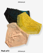Pack of 3 Imported Stocklot Branded Net Panty With Silk Mid Waist Hipster Panty With Lace Panty