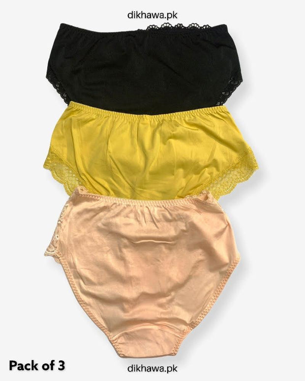 Pack of 3 Imported Stocklot Branded Net Panty With Silk Mid Waist Hipster Panty With Lace Panty