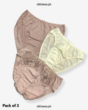 Pack of 3 Imported Stocklot Branded Net Panty With Silk Mid Waist Hipster Panty With Lace Panty