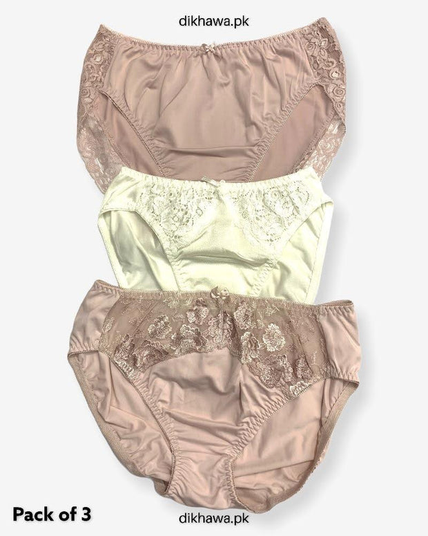 Pack of 3 Imported Stocklot Branded Net Panty With Silk Mid Waist Hipster Panty With Lace Panty