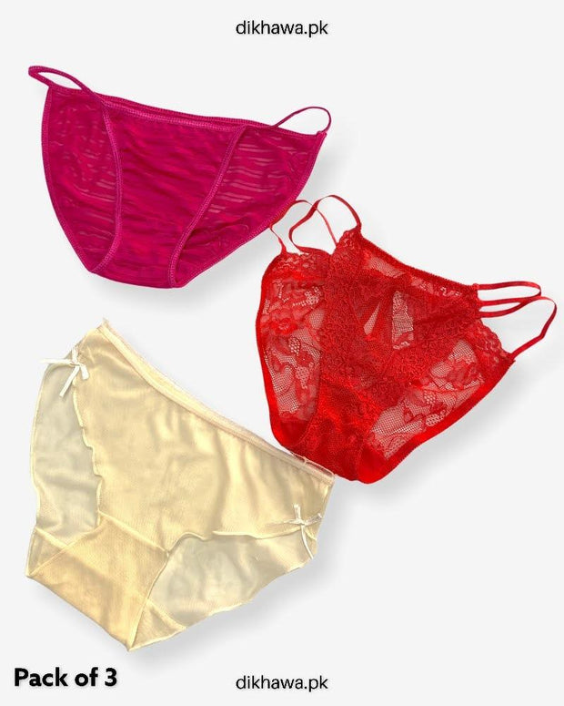 Pack of 3 Imported Stocklot Branded Net Panty Stretchable Bikini Style Thong Panty 2021