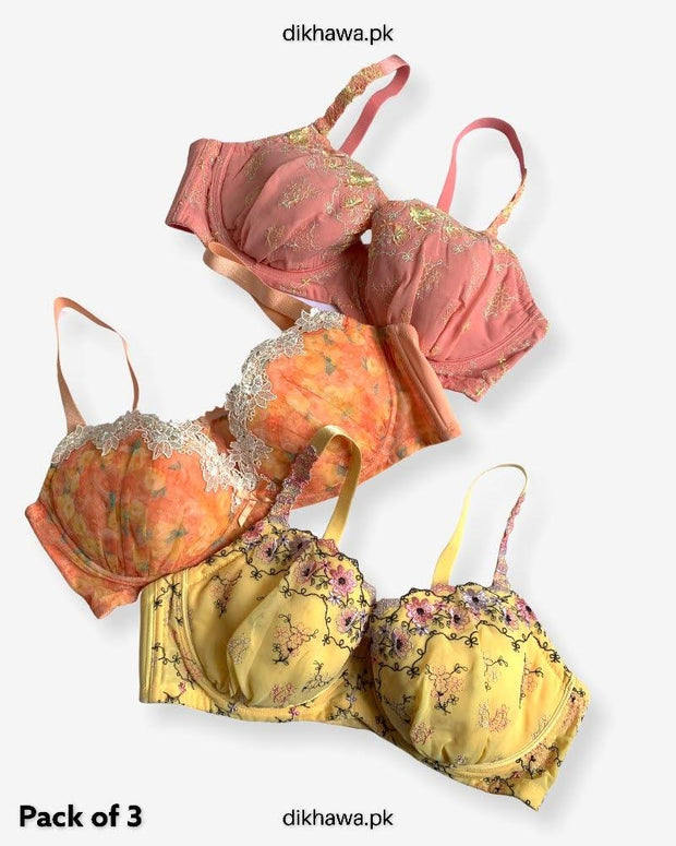 Pack of 3 Imported Stocklot Branded  Net Pushup Bra -  Underwired - Non Padded Bra