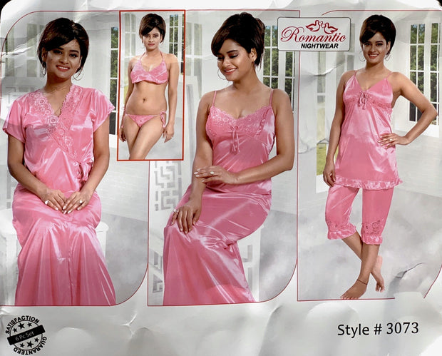 Romantic Nightwear - 6Pcs Bridal Nighty Sets - 3073 - Long Nighty with Gown, Pajama Set & Sexy Bikini Set