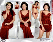 Romantic Nightwear - 6Pcs Bridal Nighty Sets - 2077 - Long Nighty with Gown, Cami Set & Sexy Bikini Set
