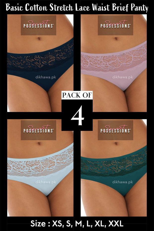 Secret Possessions Panty - Basic Cotton Stretch Lace Waist Brief Panty Pack of 4