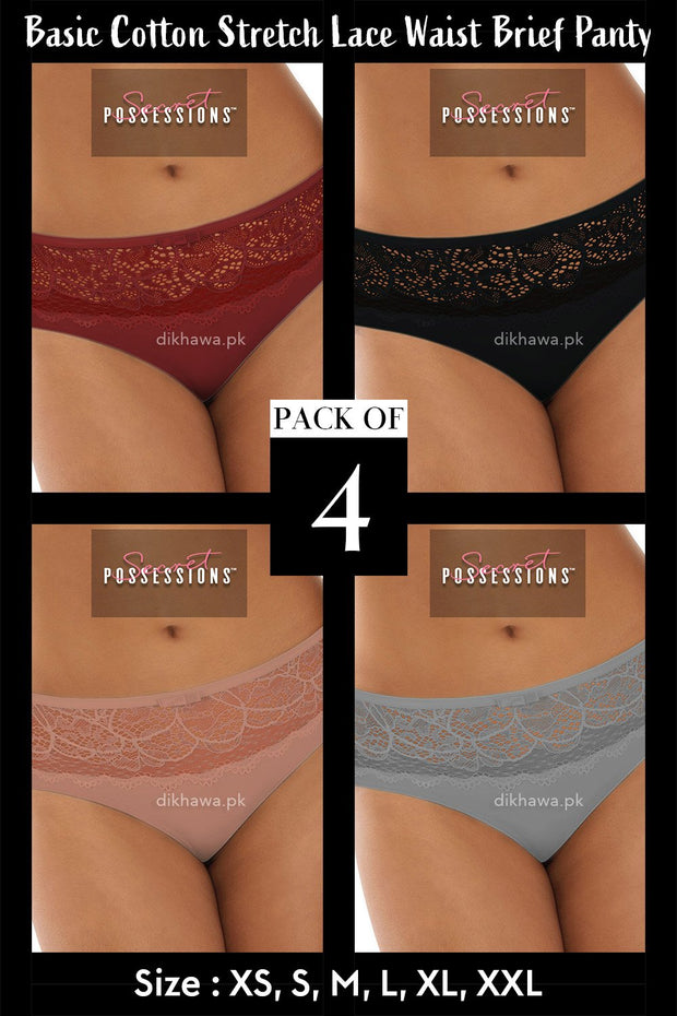 Secret Possessions Panty - Basic Cotton Stretch Lace Waist Brief Panty Pack of 4