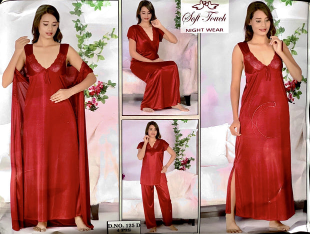 Soft Touch - 4Pcs Bridal Wedding Nighty Sets - 125 - Long Nighty with Gown & Sexy Pajama Set