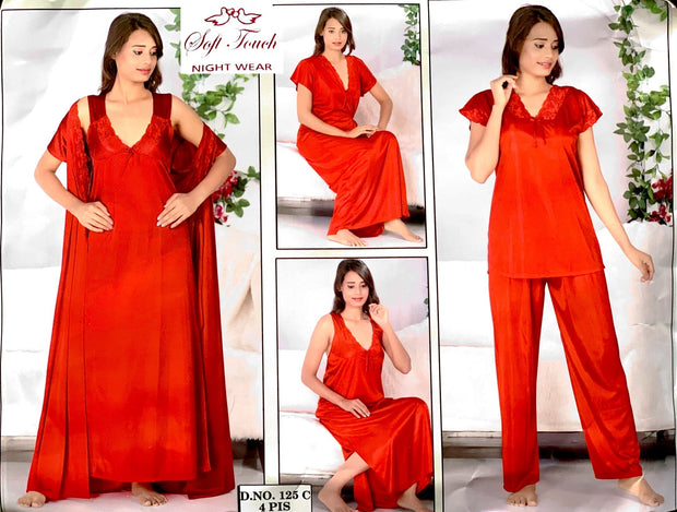 Soft Touch - 4Pcs Bridal Wedding Nighty Sets - 125 - Long Nighty with Gown & Sexy Pajama Set