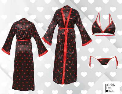 Two Hearts Romantic 3 Pcs Silk Nighty Set - JE-006