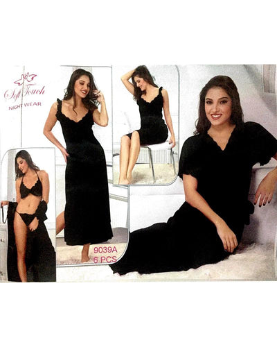 Hot Black Bridal Nighty Sets  - 6 Pcs Set - 9039A