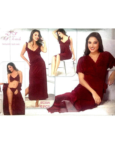 Hot Maroon Bridal Nighty Sets  - 6 Pcs Set - 9039A