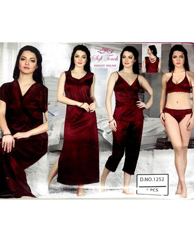 Hot Maroon Bridal Nighty Sets  - 6 Pcs Set - 1252