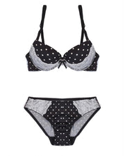 Victoria's Secret - Black Polka Dotted Single Padded Pushup Bra And Panty Set