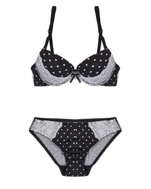 Victoria's Secret - Black Polka Dotted Single Padded Pushup Bra And Panty Set