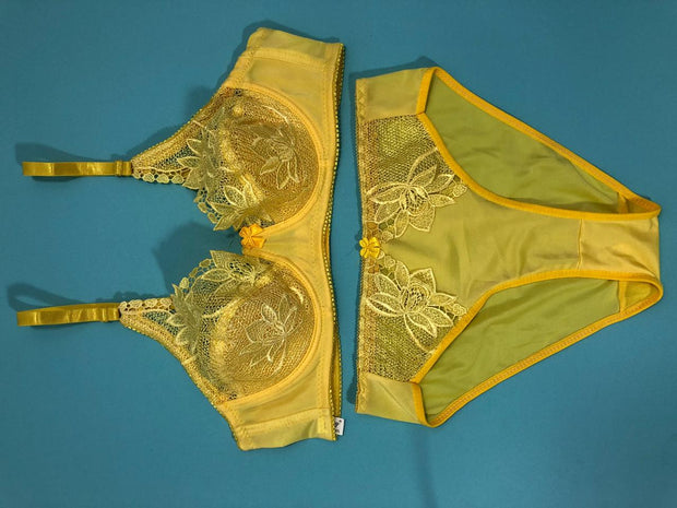 Copy of Laleli Net Bra Panty Set 2020 Yellow BRIDAL BRA PANTY SETS - NON PADDED NON WIRED BRA PANTY SET