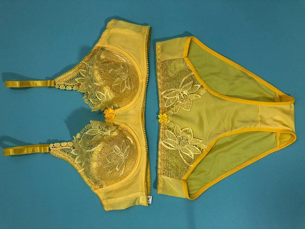 Copy of Laleli Net Bra Panty Set 2020 Yellow BRIDAL BRA PANTY SETS - NON PADDED NON WIRED BRA PANTY SET