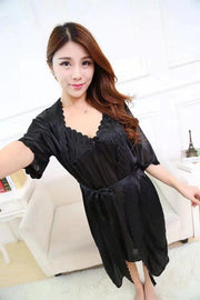 2 Pcs Satin Short Night Dress & Full Sleeves Robe