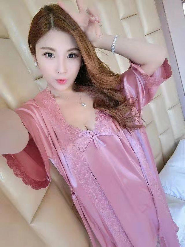 2 Pcs Satin Short Night Dress & Full Sleeves Robe - Hot Pink