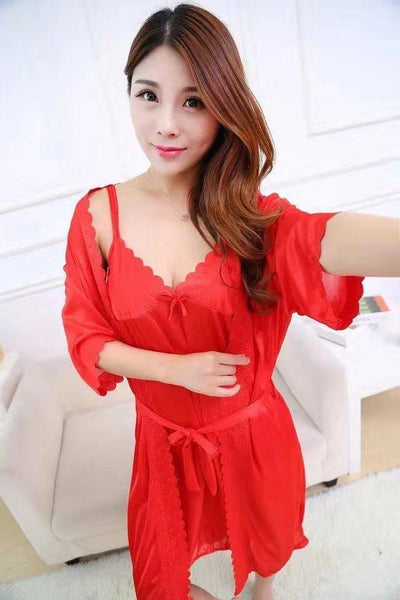 2 Pcs Satin Short Night Dress & Full Sleeves Robe - Red