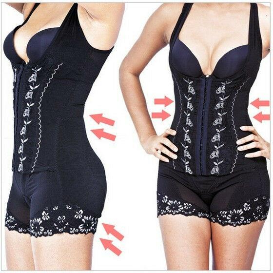 Front Open Upper Half Body Shaper Black Body Suit Top Tummy Embroidered For Women